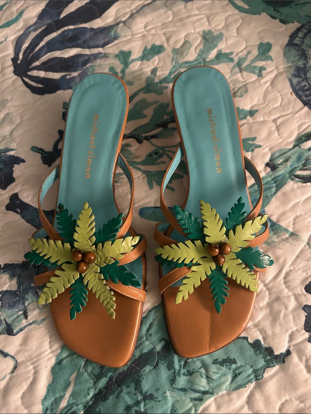 Michael Simon Tan Leather Slide Sandals with Green Leaf Accent